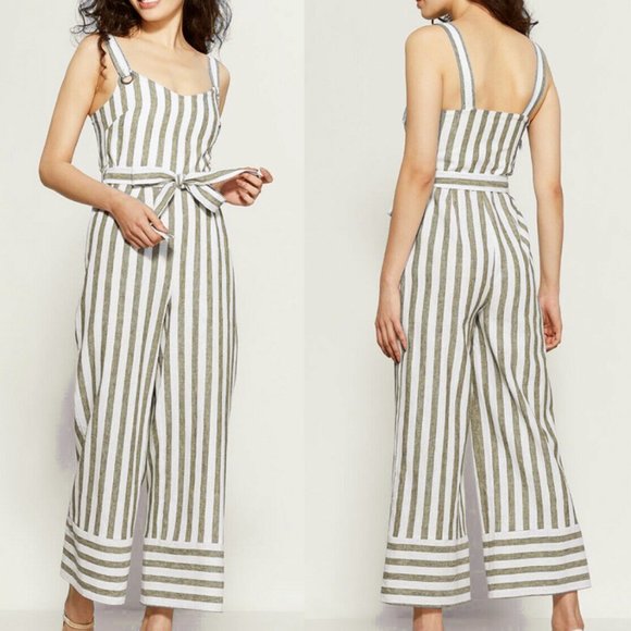 NEW Light Moss Olive Green Striped Tie Waist Linen Cotton Blend Jumpsuits $140 - Picture 2 of 8